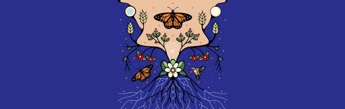Promotional graphic for the event featuring plants, butterflies,, roots and a hummingbird
