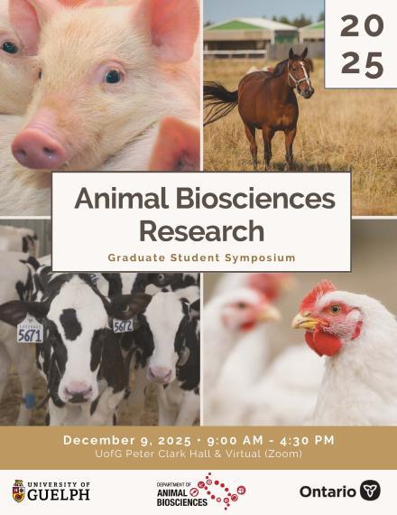Animal Biosciences grad forum program cover shows various livestock and logos for U of G, Animal Biosciences Department and Government of Ontario