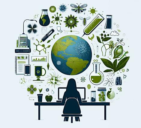 Symposium promotional graphic of a person sitting at a desk surrounded by scientific ideas (icons)