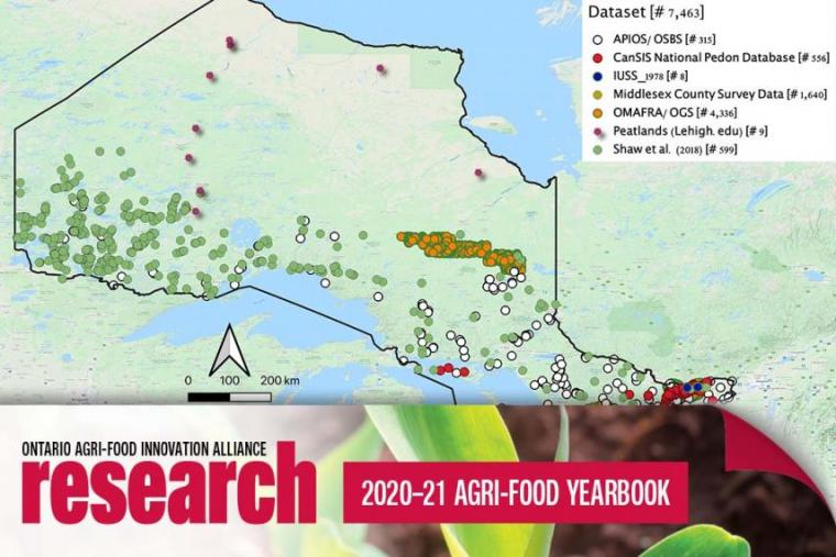 A map of northern Ontario with coloured dots and a legend representing the data set, with an icon banner at the bottom that says Ontario Agri-Food Innovation Alliance Research 2020-21 Agri-Food Yearbook