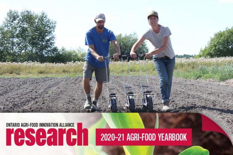 Two farmers in an empty field pushing equipment for tilling the soil, with an icon banner at the bottom that says Ontario Agri-Food Innovation Alliance Research 2020-21 Agri-Food Yearbook