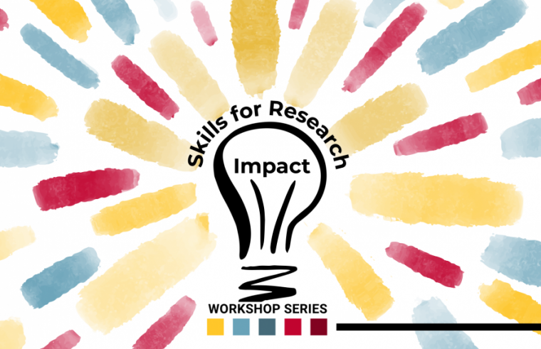 Skills for Research Impact concept graphic shows a lightbulb with colours radiating off of it