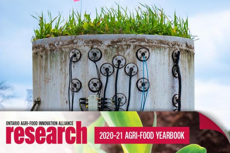 Soil lysimeter with green grass sprouting on the top with a banner icon on the bottom that says Ontario Agri-Food Innovation Alliance Research 2020-21 Yearbook