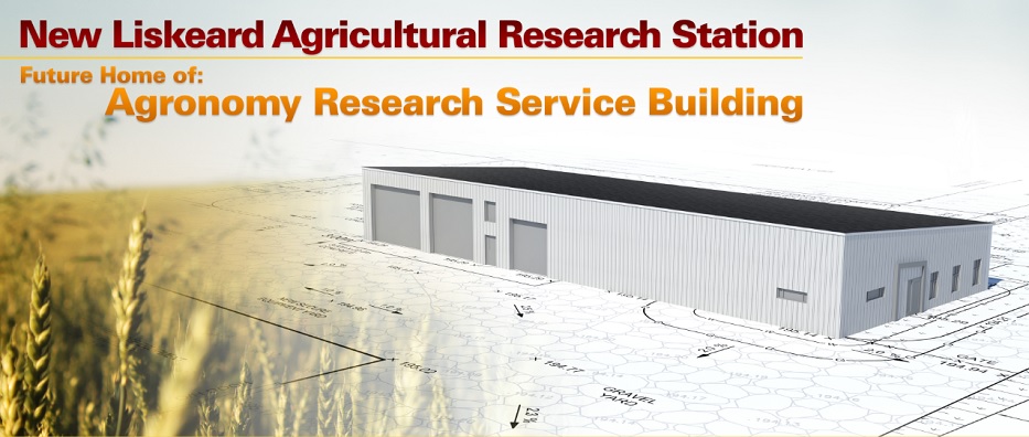 Image of architectural rendering of New Liskeard Agricultural Research Station with text at top of image that reads New Liskeard Agricultural Research Station. Future home of Agronomy Research Service Building