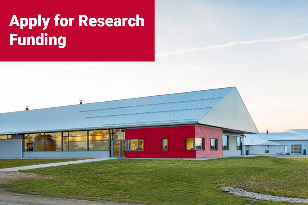 The outside of the Ontario Dairy Research Centre with a red text box in the top corner that says Apply for Research Funding