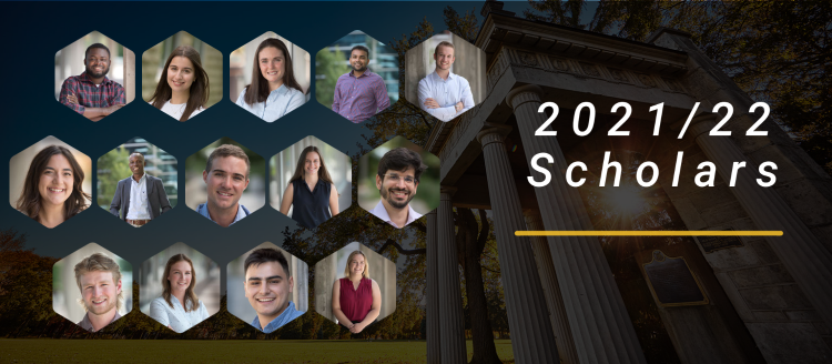 Fourteen individual headshot photos of students with text 2021/22 scholars.