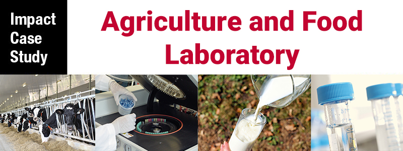 A collage of images including dairy cows, lab equipment, milk being poured into a glass, and test tubes with the text Impact Case Study Agriculture and Food Laboratory across the top.