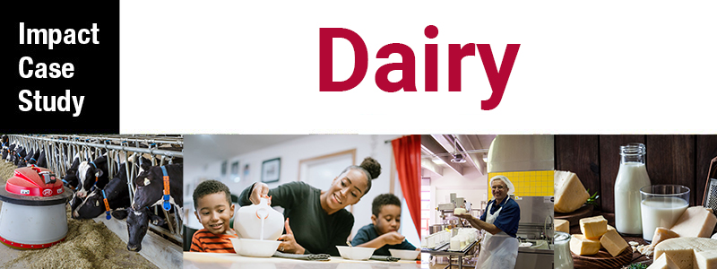 A collage of four photos including dairy cows, a female pouring milk into cereal bowls for two children, a cheese-making instructor, and an assortment of cheese and milk, with text at the top, Impact Case Study Dairy.