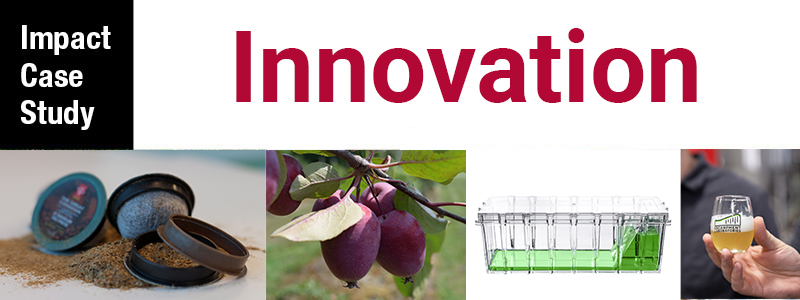 Four photos in a row including compostable coffee pods, crab apples hanging on a tree, a clear container with green liquid and a hand holding a small glass of beer, with text at the top saying Impact Case Study Innovation.