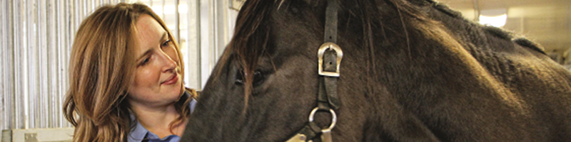Dr. Melanie Barham stands beside a brown horse holding the reins while inside a stable.