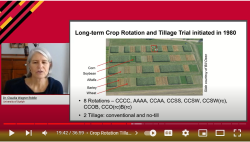 Screen shot from the webinar showing Dr. Claudia Wagner-Riddle next to her slide showing an aerial view of different square crop plots, some brown and some green