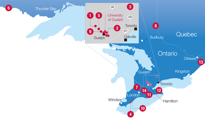 The image shows a map of southern Ontario. It points out the locations of the 14 research centres in the table on this page.