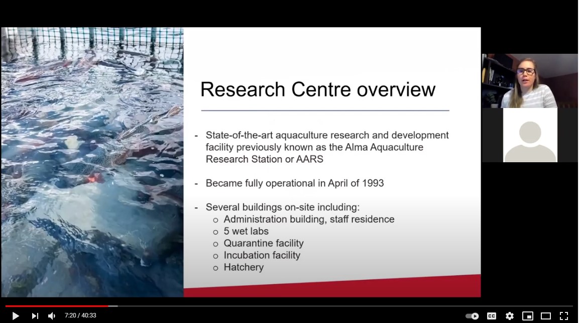Screenshot of the Ontario Aquaculture Research Centre webinar with a large tank of fish and an overview of the centre