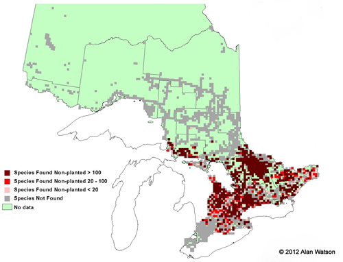 Ontario Tree Atlas map of non-planted Eastern Hemlock. 1995-1999.