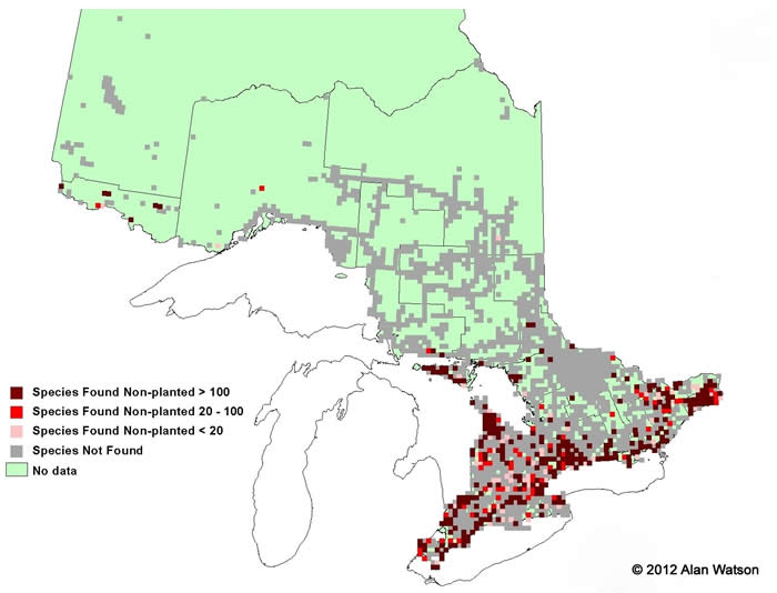 Ontario Tree Atlas map of non-planted Red Ash. 1995-1999.