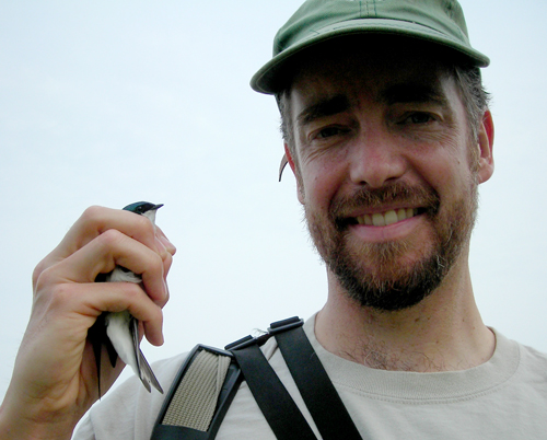 Chris and a Tree Swallow from one of the bird boxes.