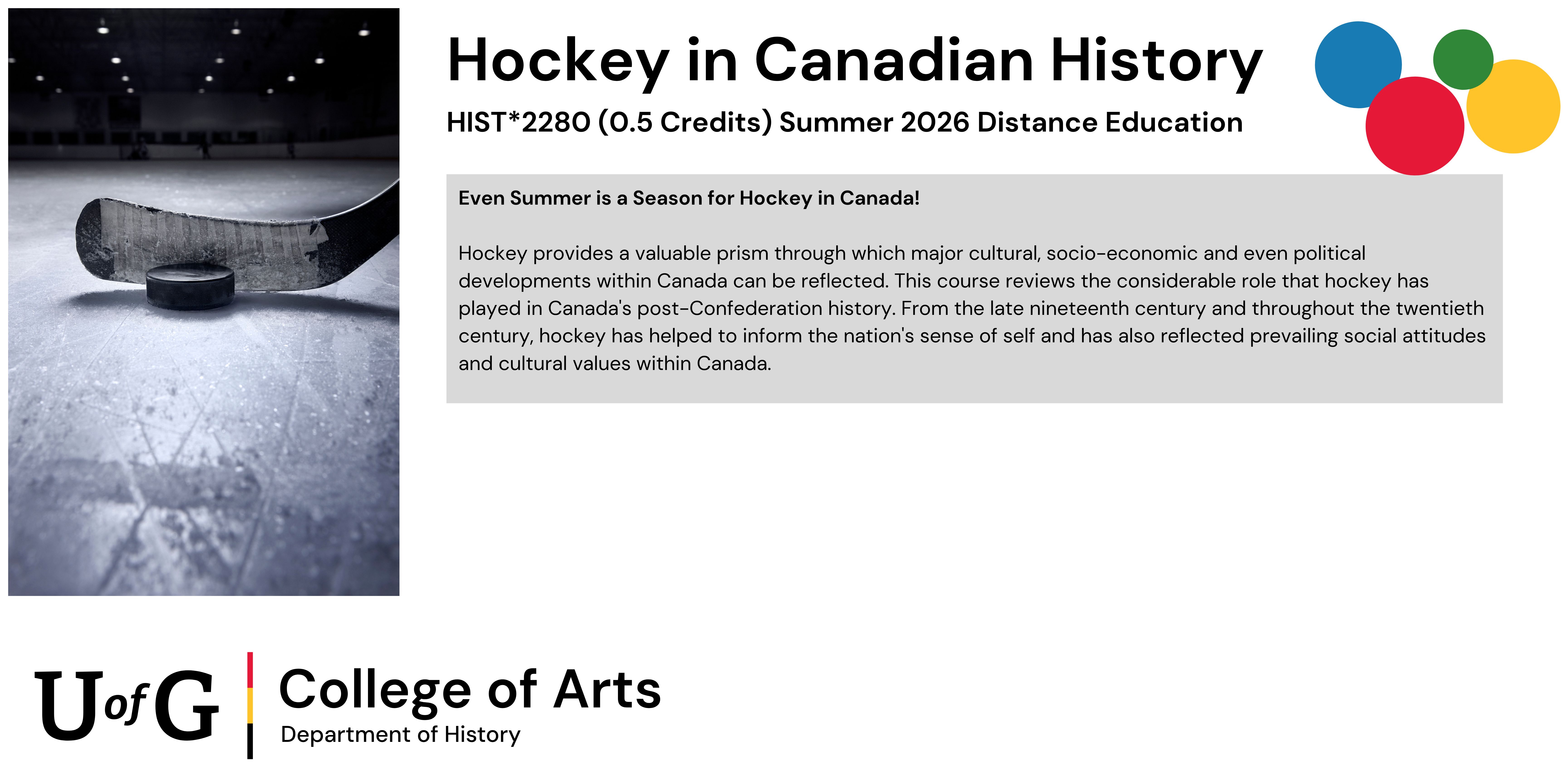 Poster for “Hockey in Canadian History” (HIST 2280), Summer 2026 online course, with a photo of a hockey stick and puck on ice, course description, QR code, and University of Guelph College of Arts branding.