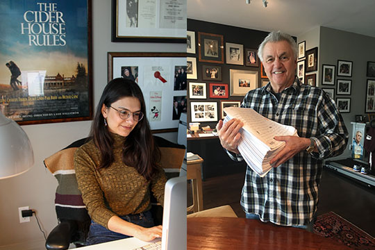 Image of Khalida Hassan at work with novelist John Irving.