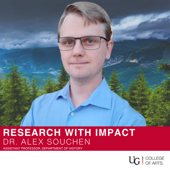 Research with Impact. Dr. Alex Souchen, Assistant Professor, Department of History, College of Arts, University of Guelph. Clouds, mountains, and evergreen trees. University of Guelph College of Arts logo.