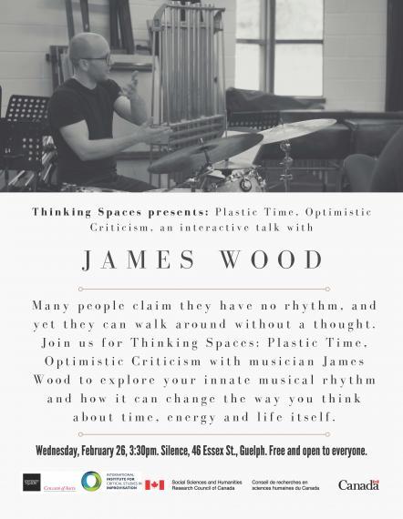 Poster of James Wood lecturing while sitting in front of a drum kit.