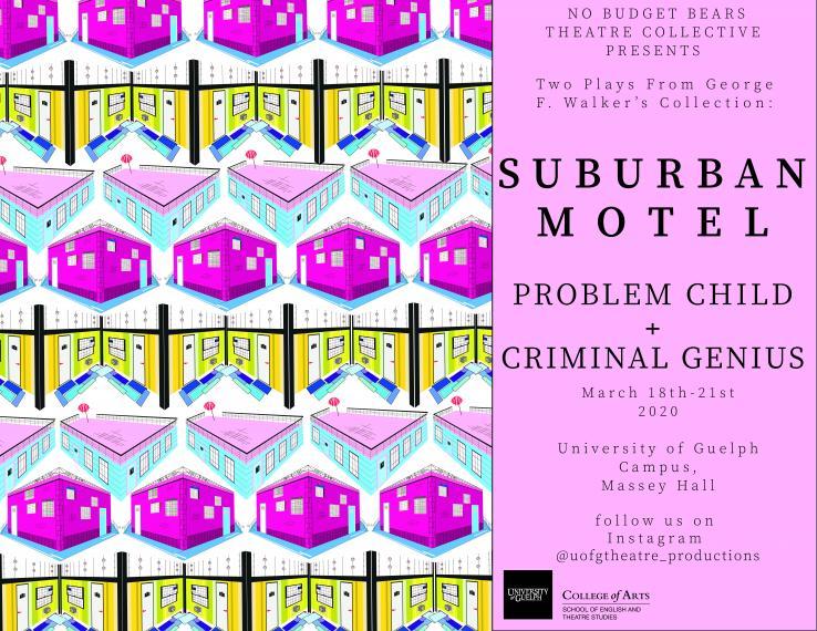 Poster showing a pattern of a blue building with a pick room, pink building & a hotel lobby.