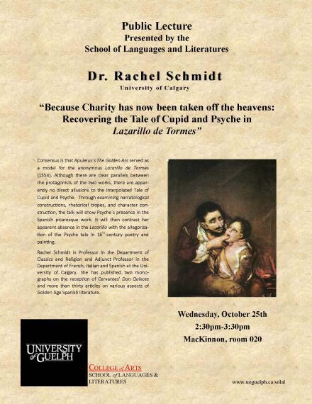 Poster announcing public lecture with Dr.Rachel Schmidt about Lazarillo de Tormes