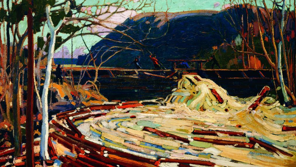 Tom Thomson, The Drive, 1916-1917, oil on canvas, 120 × 137.5 cm. Ontario Agricultural College purchase with funds raised by students, faculty and staff, 1926. University of Guelph Collection at the Art Gallery of Guelph