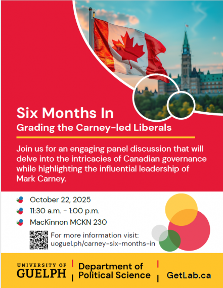 Promotional poster for a University of Guelph panel, “Six Months In: Grading the Carney-led Liberals,” discussing Canadian governance and Mark Carney’s leadership. Event on October 22, 2025, 11:30 a.m.–1:00 p.m., at MacKinnon MCKN 230. Hosted by the Department of Political Science and GetLab.ca.