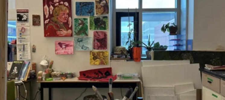 Classroom with pictures of drawings and art