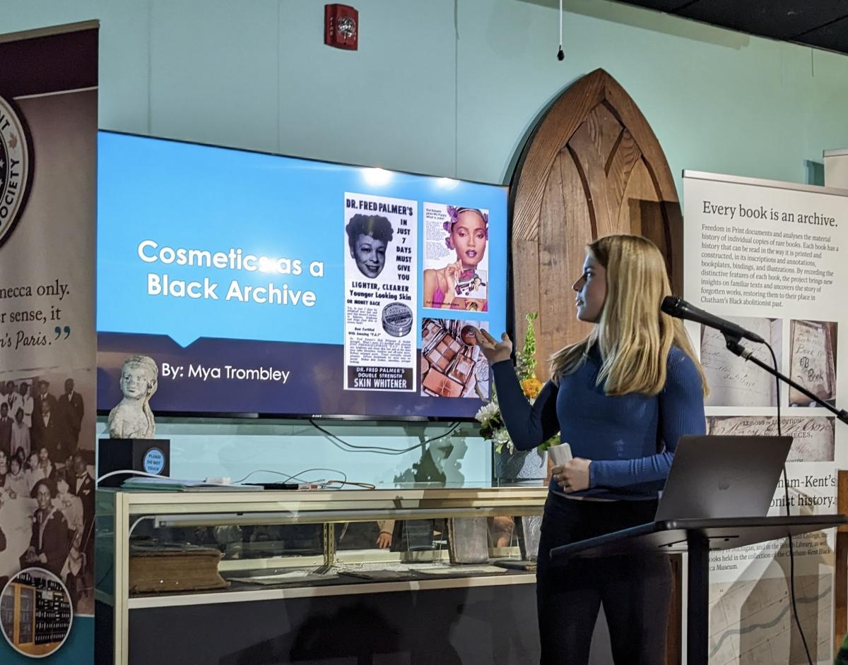 Mya Trombley, U of G History graduate, presenting to the Chatham-Kent Historical Society