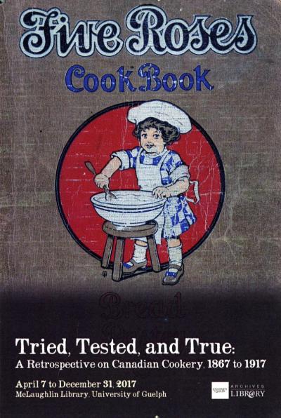 Exhibit poster featuring Five Roses Cookbook with cartoon of a child stirring a mixing bowl.