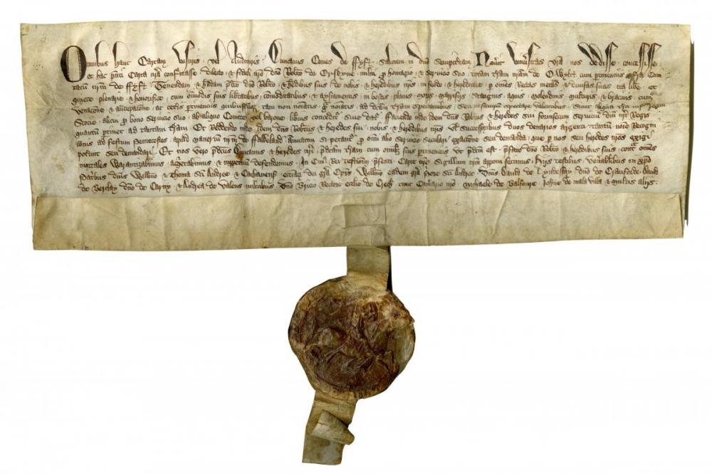 14th-century animal skin charter in Latin with brown wax seal.