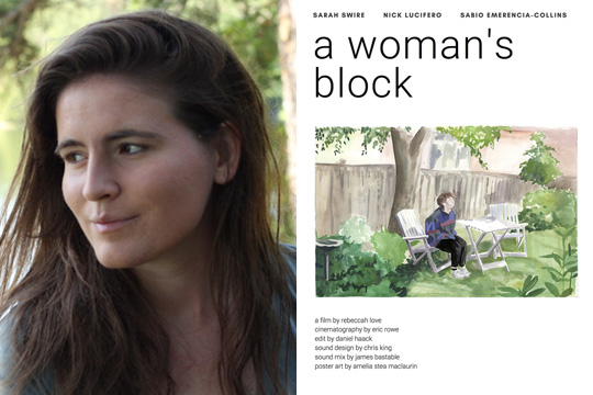 Photo of Filmmaker Rebecca Love and the poster for her short film A Woman's Block.