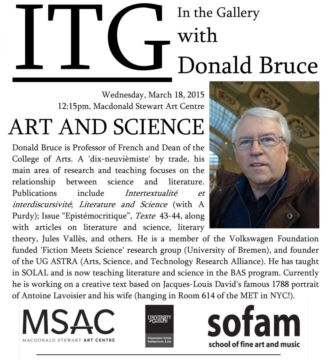 POster for in the gallery event, featuring donald bruce. wednesday march 18, macdonald stewart centre.