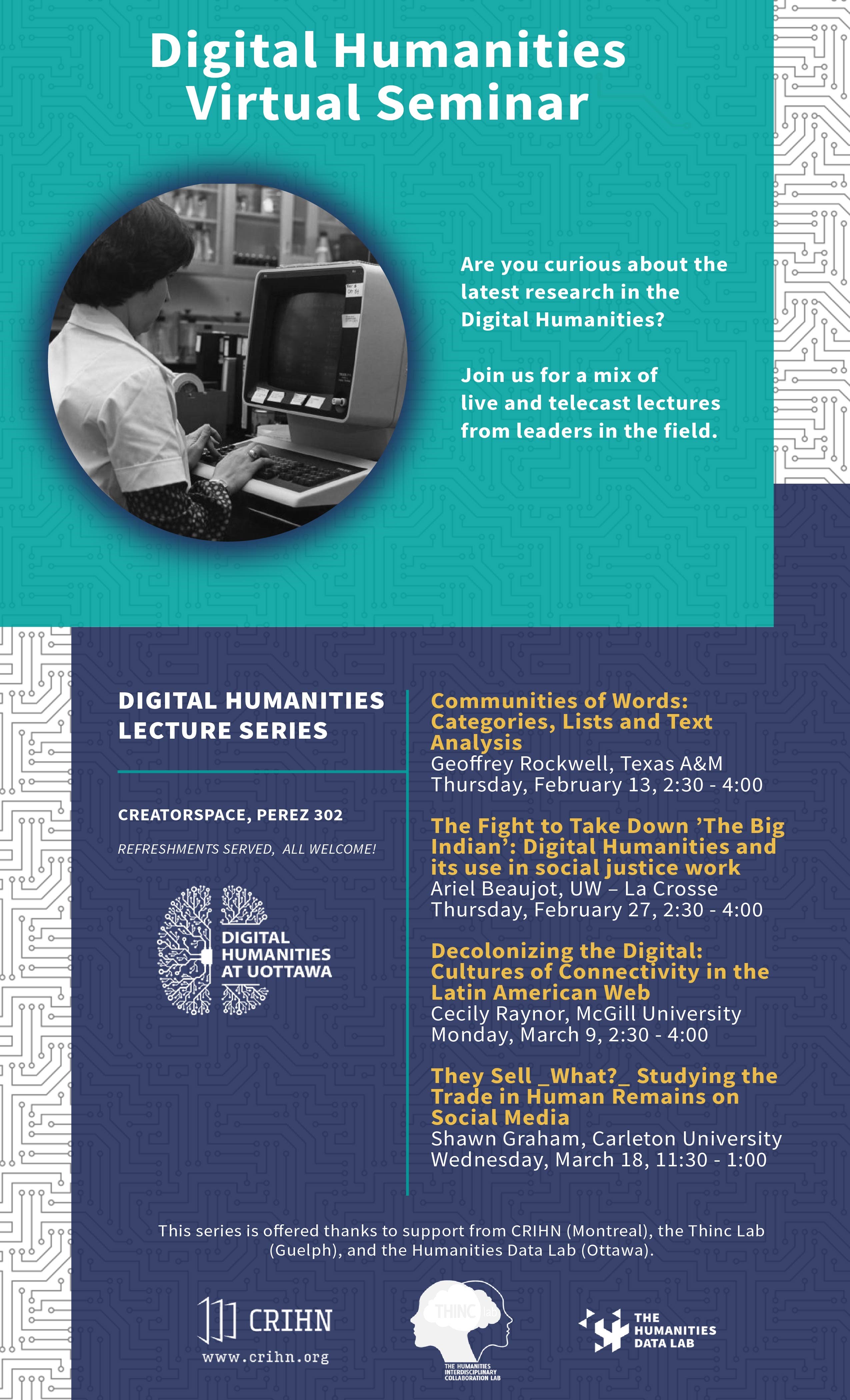 Digital Humanities Virtual Seminar Poster for Winter 2020.