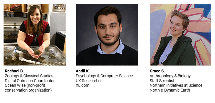 BAS gradautes - Rachael, Aadil, and Grace. Completed the following minors - zoology, classical studies, psychology, computer science, music, anthroplogy and biology. All graduates hold various professional positions.