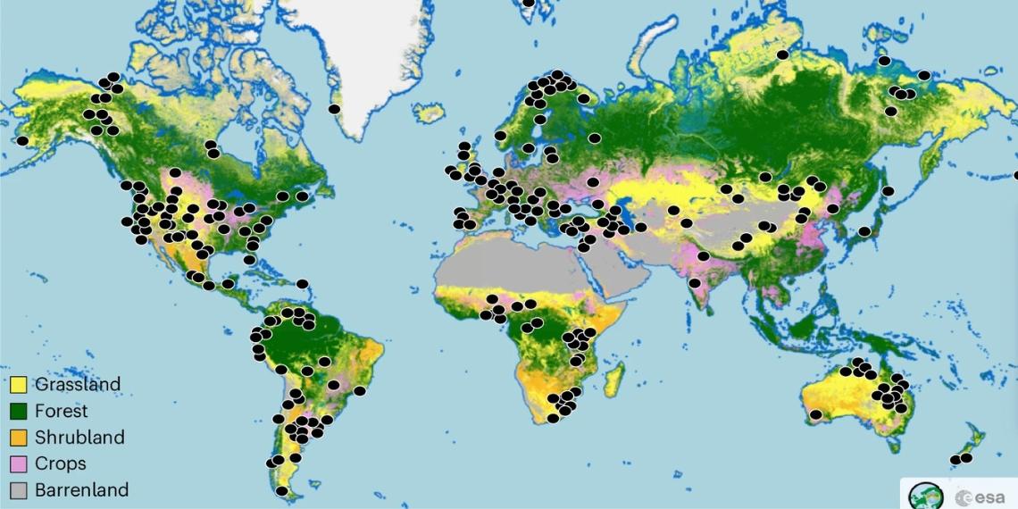 Map showing land divided into grassland, forest, shrubland, crops and barrenland