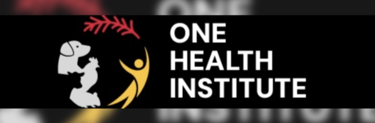 One Health Institute text on black background with their logo on the left featuring the outline of some animals and a human