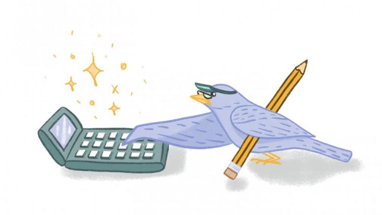 Illustration of a bird using a calculator