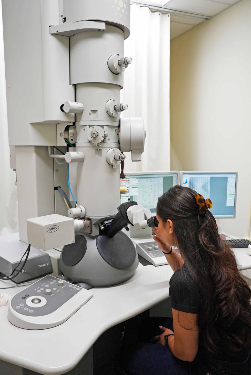 Mojda looks through a scanning electron microscope