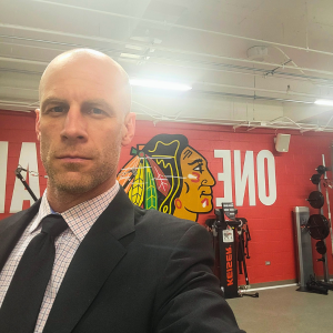 Jamie Burr in the Blackhawks' gym