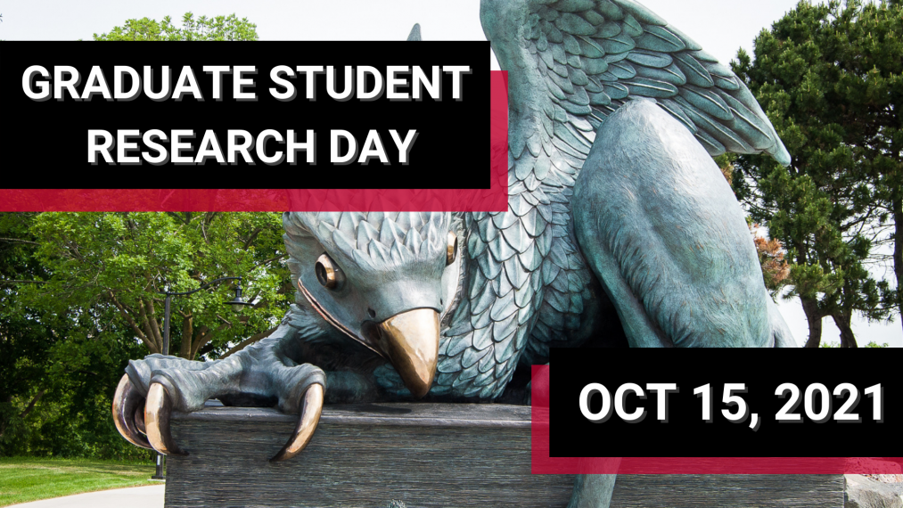 Promotional image for Graduate Student Research Day of the gryphon with overlayed graphics.