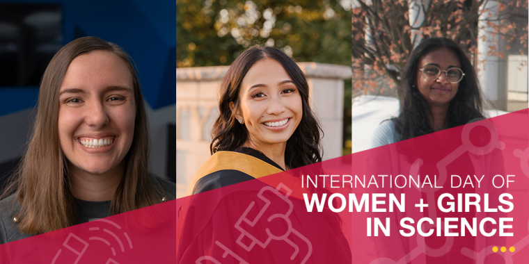 Image of three girls with the caption "INTERNATIONAL DAY OD WOMEN + GIRLS IN SCIENCE"