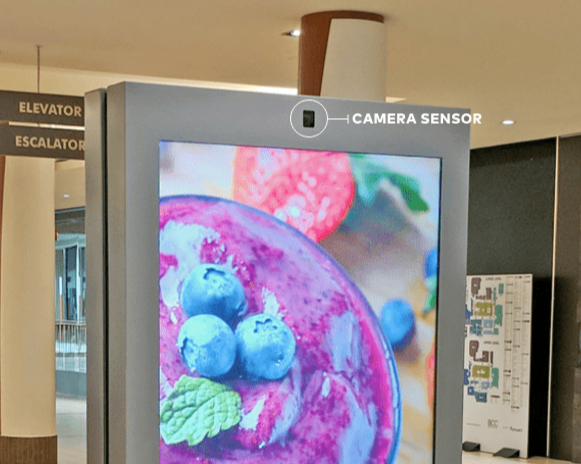 An add screen in a mall with a small circle outlining a camera at the top.