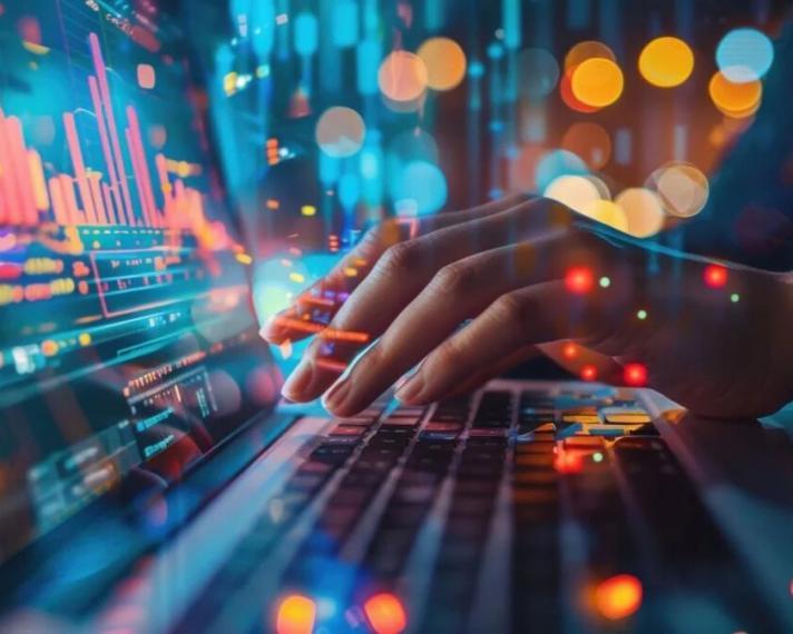 Hands typing on a laptop with colourful dots across the image.