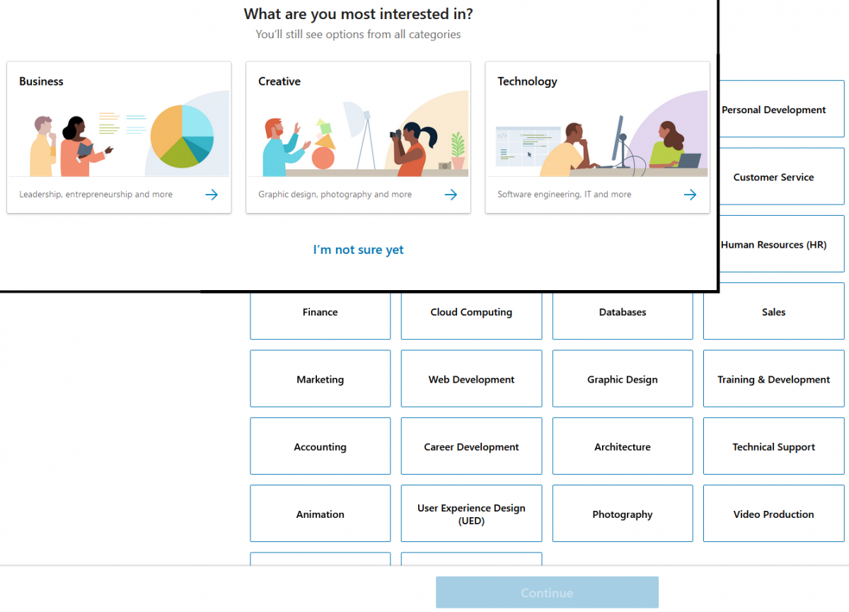 Two overlapping screens. The first asks to choose an interest category, with the options of Business, Creative, Technology, or I'm Not Sure Yet. The second is a grid of keywords from each category to select.
