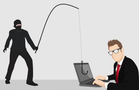 Hacker with a fishing rod catching a man's laptop.