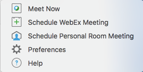 Options in the Webex icon within Outlook