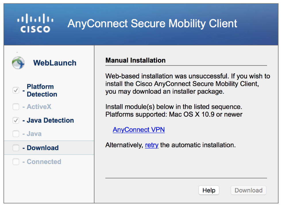 Cisco AnyConnect Secure Mobility Client Manual Installation Window for AnyConnect version 4.5.03040 Mac Install