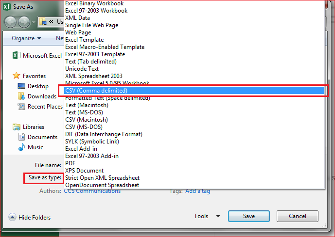 Save as type: CSV (Comma delimited)